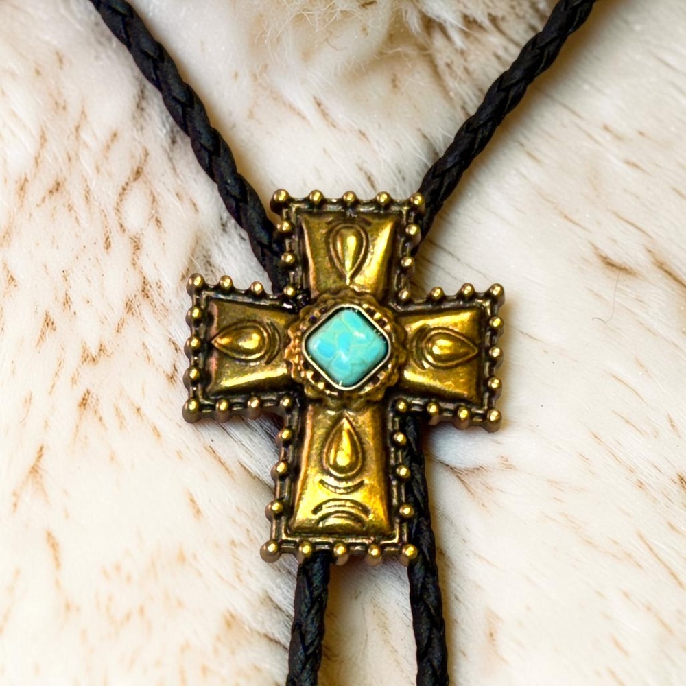 New Retro Cross Pendant Bolo‎ Tie Necklace Turquoise Stone Western Black Cowgirl